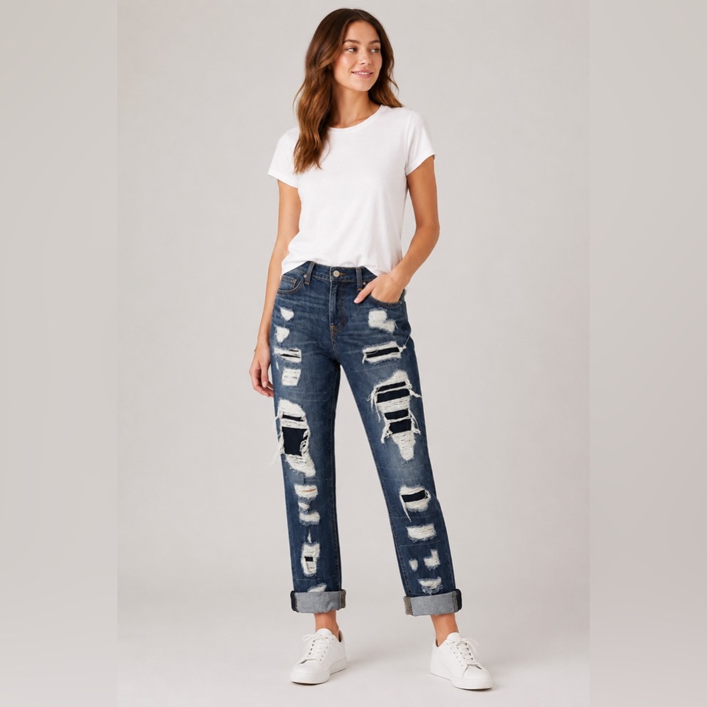 Rag & Bone Dre Slim Boyfriend Jeans Ada Brigade Distressed Patched Blue Size 29